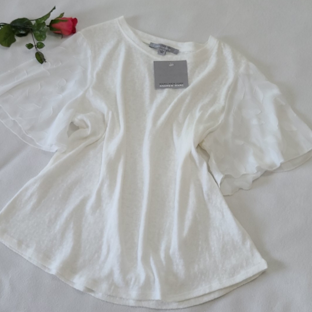 NEW White Flowy Tunic Top Organza Flutter Sleeve Andrew Marc New York Cotton Lg